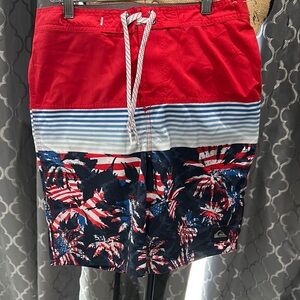 Quiksilver Red and Blue Board Shorts with Patriotic Design
